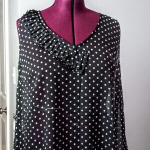 Avenue B&W Sheer Polka Dot Asymmetrical Ruffle Top